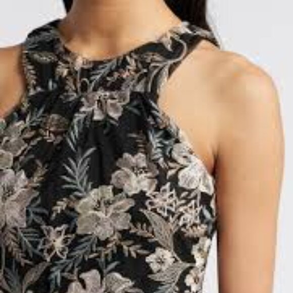 Maggy London Nissa embroidered black mesh gold halter dress gown size 10 - Picture 7 of 9